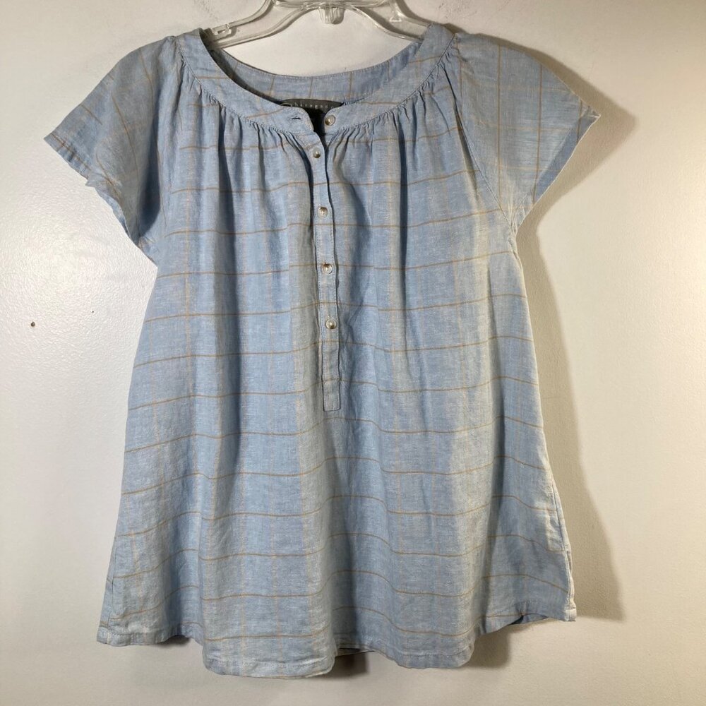Womens Sharagano Linen Blend Cap Sleeve 1/2 Button Shirt Blue‎ Plaid S